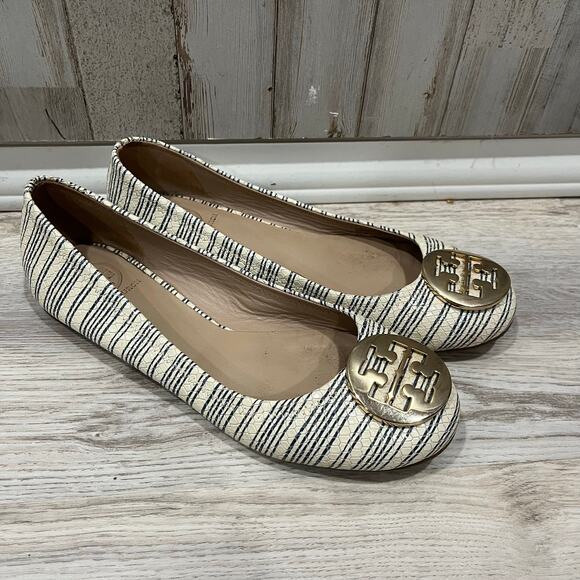 Tory Burch REVA 8 Beige Printed Piano Stripe Blue Gold Logo Ballet Flats Leather - Picture 1 of 9